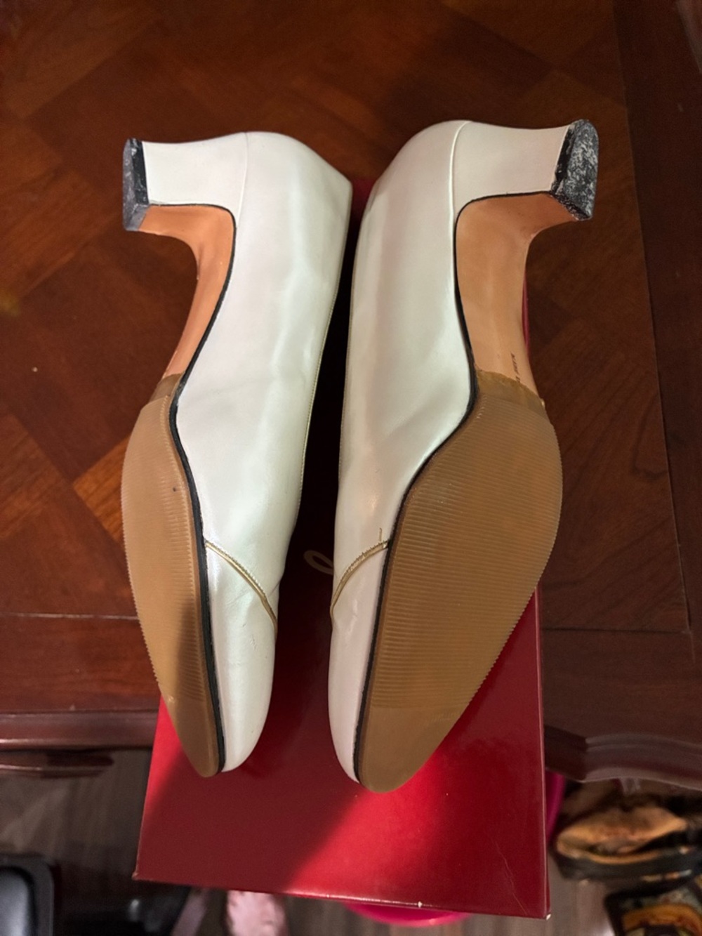 Salvatore Ferragamo Cream Leather Pointed-Toe Flats with Gold Trim Accents - Picture 5 of 5